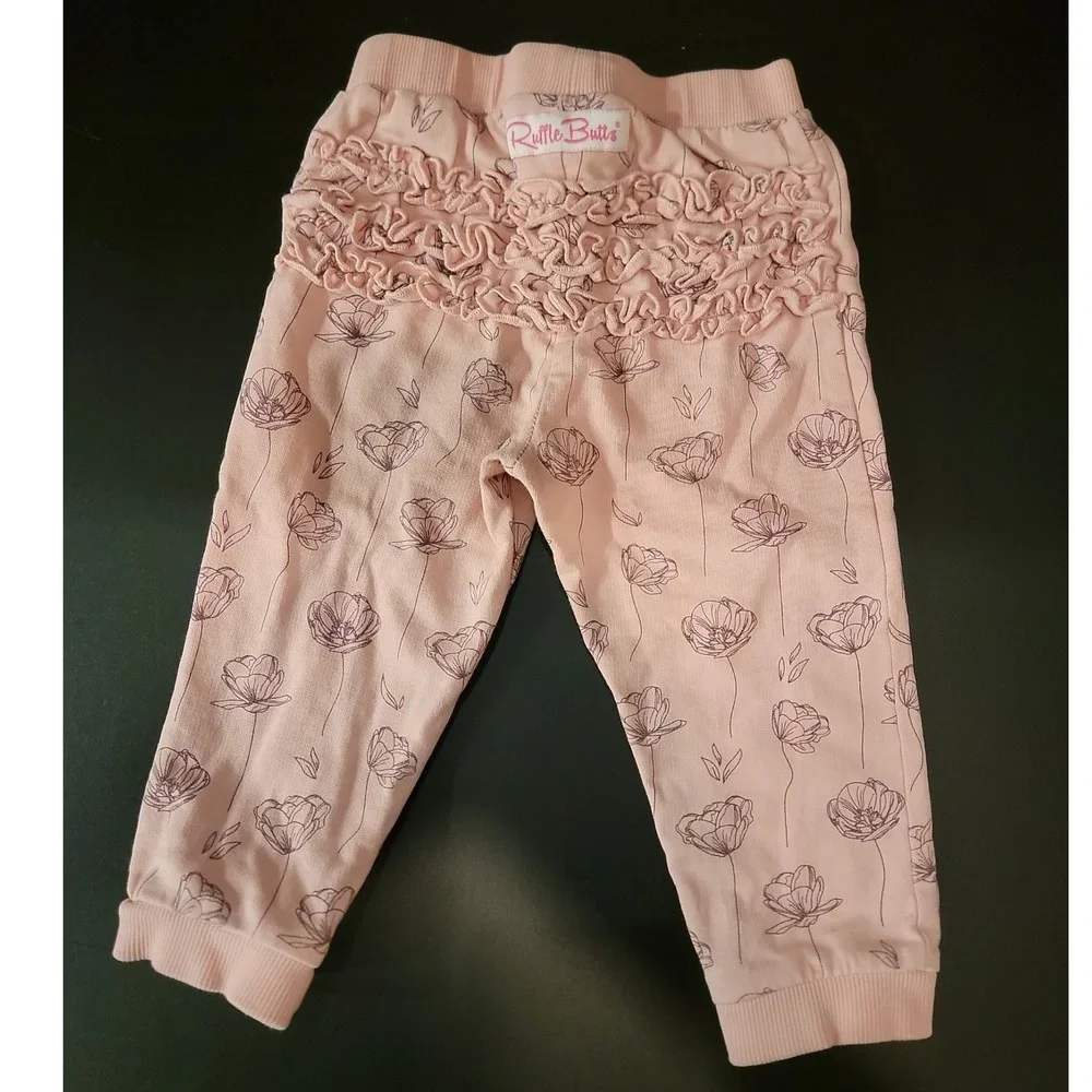 RuffleButts Pink Floral Ruffle Sweatshirt and Jogger Set 18-24M